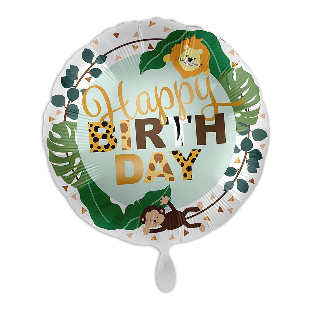 Heliumballon Dschungel Happy Birthday mit Gas, Gewicht u. Bänder