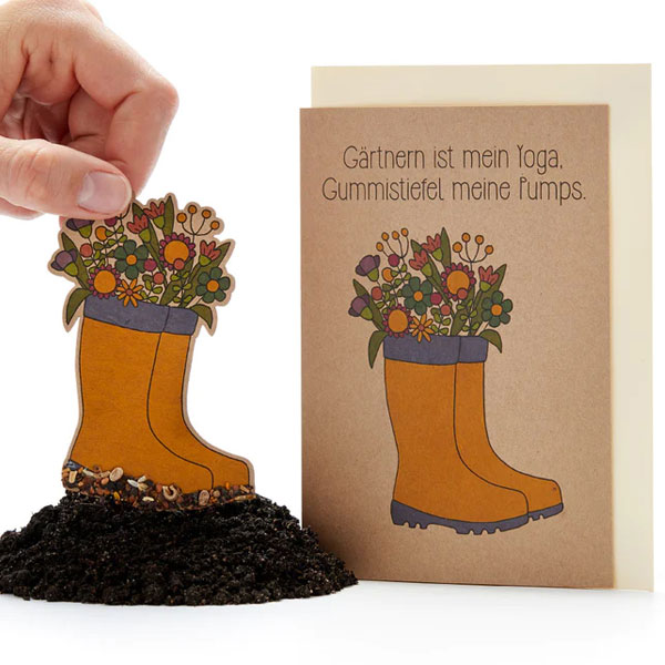 Saatpapier-Grußkarte "Gärtnern ist mein Yoga", mit Saatstecker und Umschlag