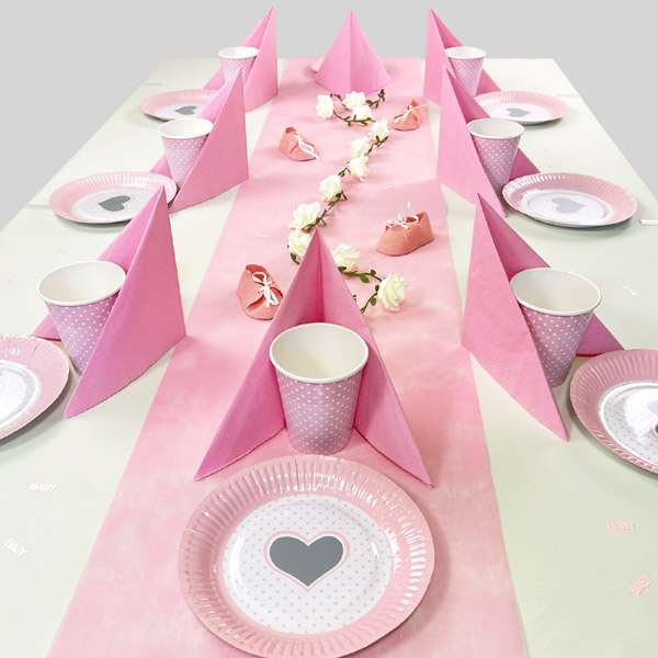 Babyparty Tisch Deko Set Mädchen bis  16 Gäste, Rosa-Weiß Herzchen