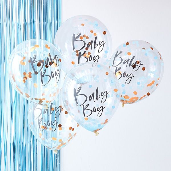 5 Konfetti-Ballons, blau und gold, Baby Boy, Ø 30cm