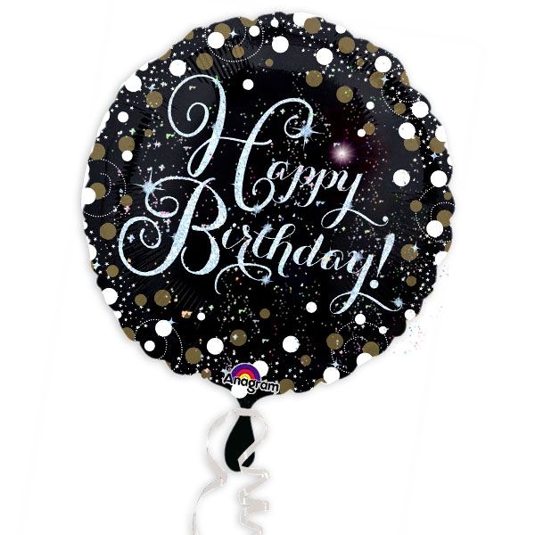 Ballongruß "Happy Birthday" in Schwarz-Glitzer, Folienballon im Karton