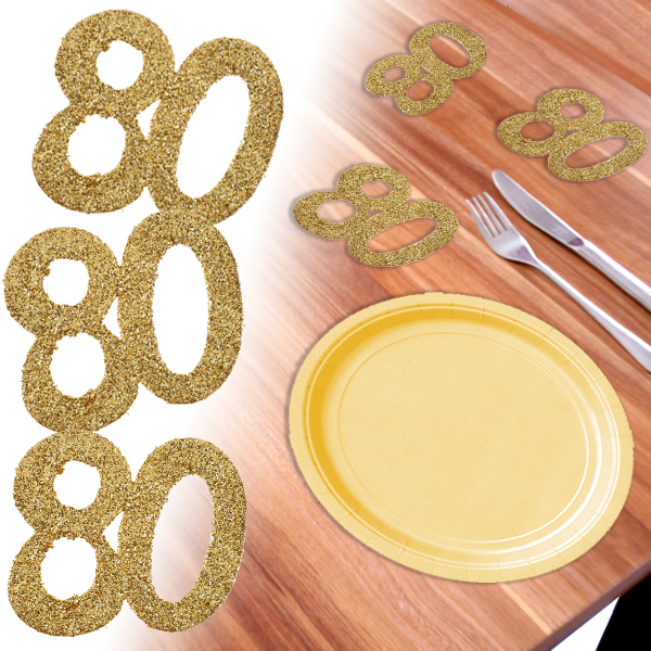 Glitterzahlen 80 in Gold zum 80. Geburtstag, 6 Stück, 8,5cm, x 7,5cm