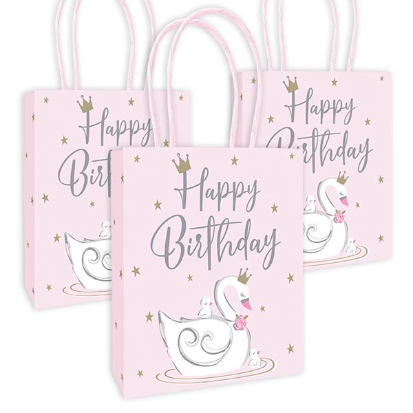 Geschenkbeutel "Happy Birthday" mit Schwan-Motiv, 3er Pack, 24cm x 13cm