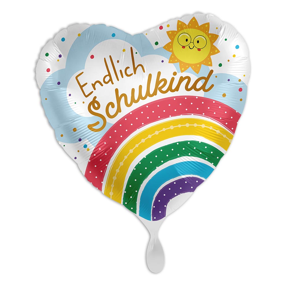 Ballon zur Einschulung Endlich Schulkind  Motiv Regenbogen Herzförmig