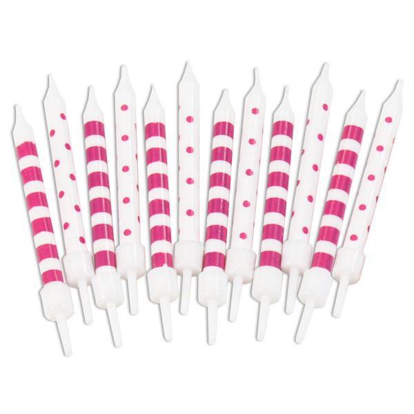 Mini-Kerzen, Pink-Weiß gestreift, 12er Pack