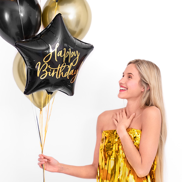 Sternförmiger Folienballon, Happy Birthday, schwarz, 40cm