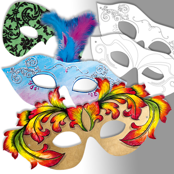 Partymasken zum Gestalten, 6 verschiedene im Pack, mit Gummiband