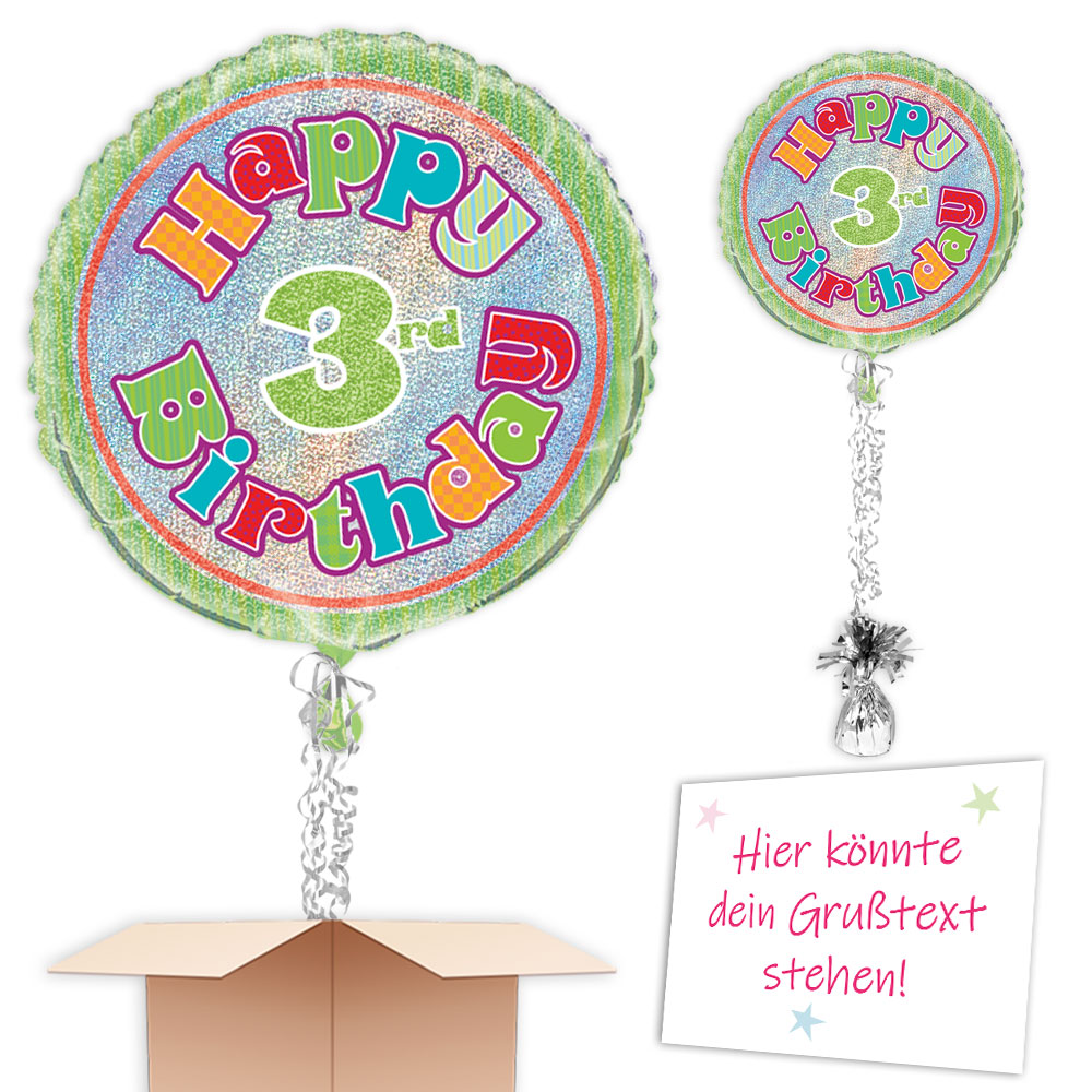 Befüllter Ballon zum 3. Geburtstag mit Helium, Bändern, Gewicht +Karte