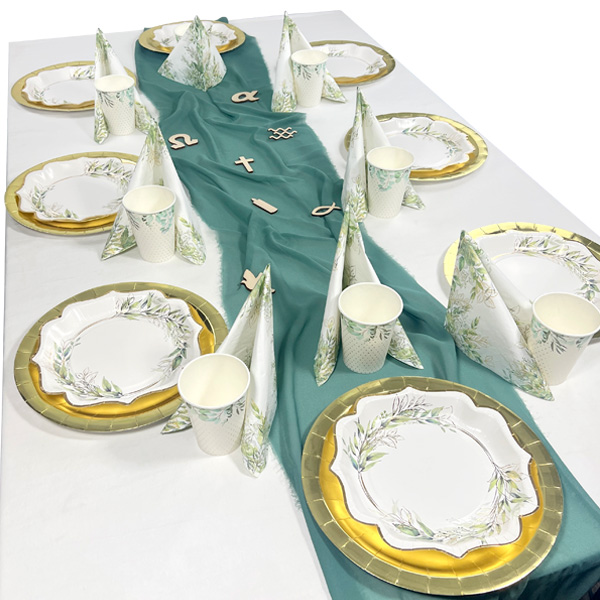 Tischdekoset Taufe "Florales Muster", 10 Gäste, 58-tlg.
