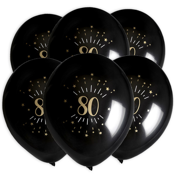 Luftballons "Zahl 80" in schwarz-gold, 8er Pack, Ø 23cm