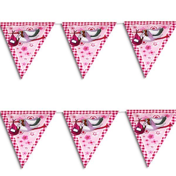 Wimpelkette mit Storch pink 10m, Klapperstorch-Deko für Babyparty