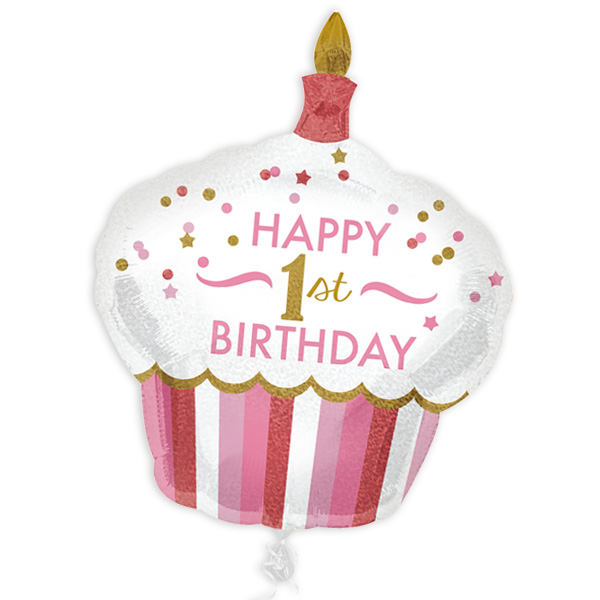 Cupcake Folienballon zum 1. Geburtstag in pink, 73cm x 91cm