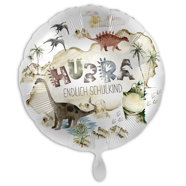 "Hurra Endlich Schulkind", Folienballon rund mit Dinosaurier-Motiv, Ø 34cm