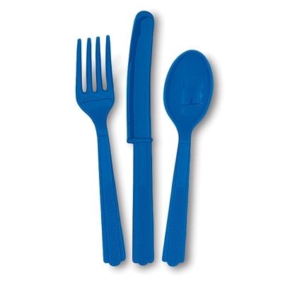 Plastikbesteck in Blau, je 6 Messer, Gabeln und Löffel, 18-teilig, Einweg