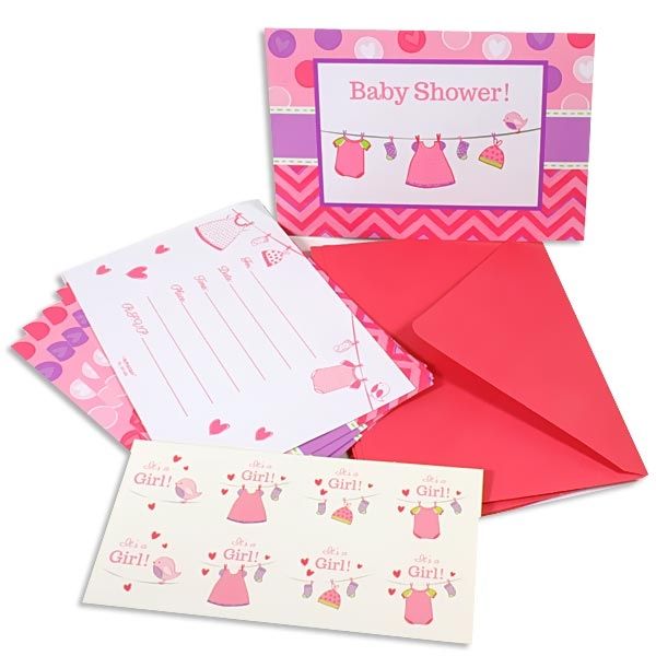 It`s a girl - Einladungskarten plus Umschläge u. Sticker, rosa, Babyparty