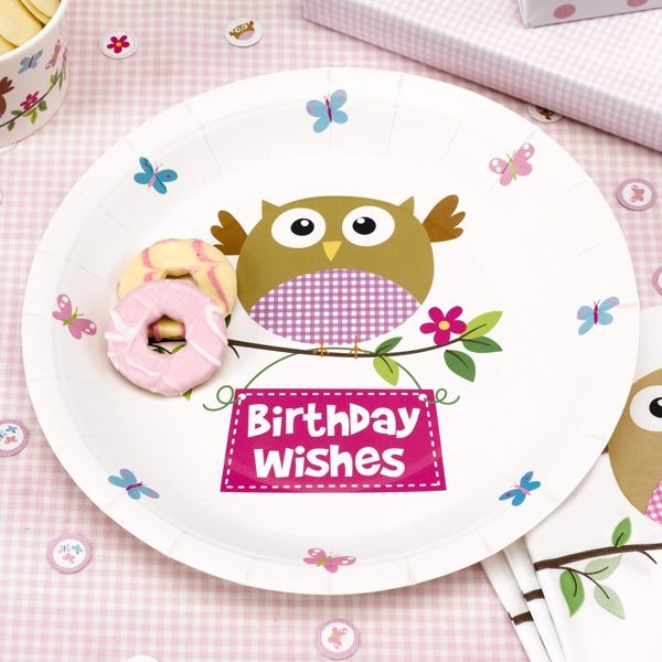 Kleine Eule - Partyteller BIRTHDAY WISHES im 8er Pack, ca.  23cm, pink