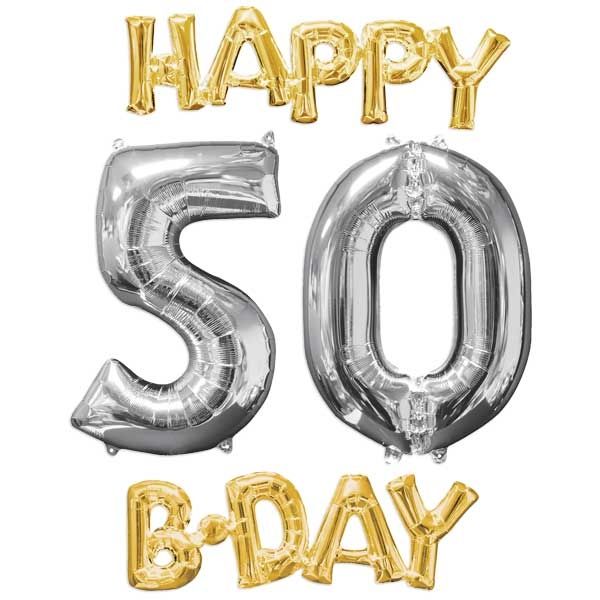 "HAPPY 50 B-DAY" XL Ballonset zum 50. Geburtstag gold-silber