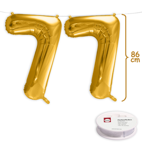 77. Geburtstag, XXL Zahlenballon Set 2 x 7 in gold, 86cm hoch