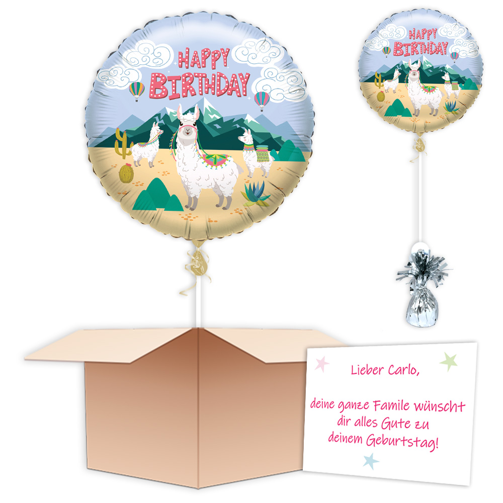 Ballon-Gruß "Happy Birthday Lama", Folienballon im Karton