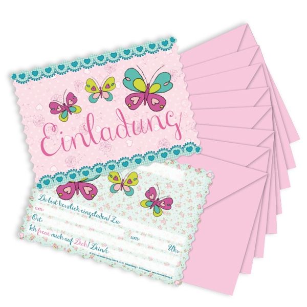 Schmetterling Einladungen, 8 Stk. mit Textfeldern und rosa Umschlägen