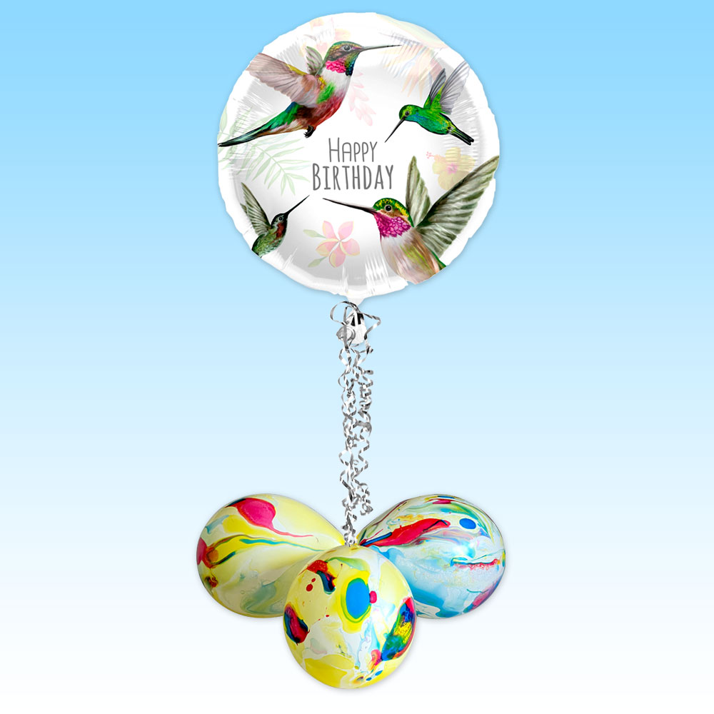 Ballongruß "Happy Birthday Kolibris", Folienballon im Karton