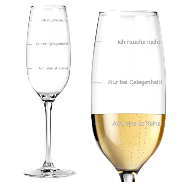 Graviertes Gute Laune-Sektglas "Raucher "als Geschenk mit Füllstandsanzeige in 3 Ebenen