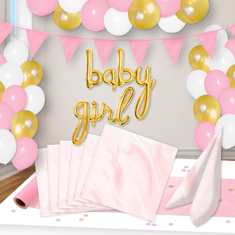 Baby Girl Raum+Tischdeko Spar Set bis 16 Gäste, Zartrosa marmoriert, 50-teilig