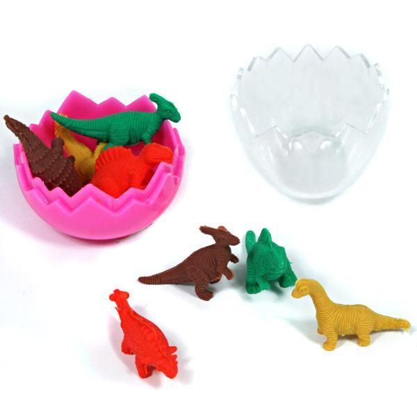 Dino-Ei aus Plastik mit 8 Dinosaurier-Radiergummis im Inneren, 1 Dinoei
