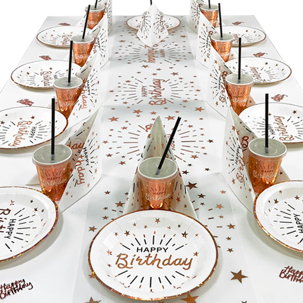 Happy Birthday Tischdeko Set in rosègold-weiß, bis 20 Gäste, 108-teilig