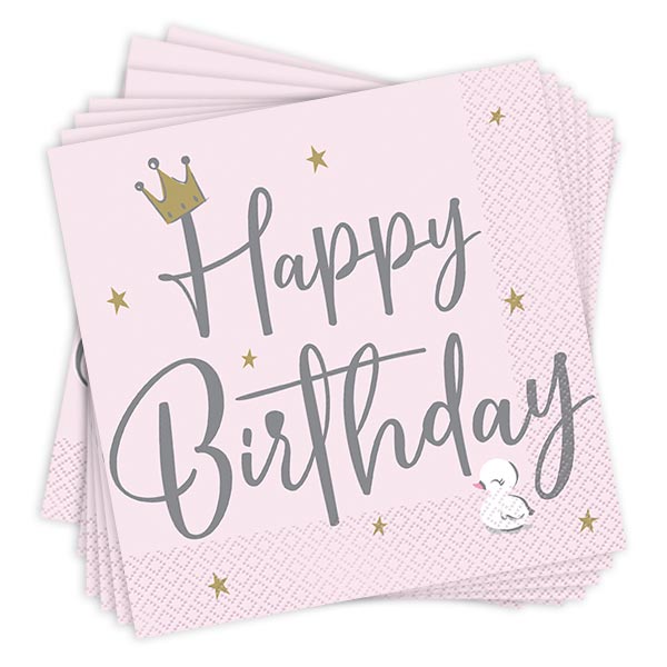 Papierservietten "Happy Birthday" mit Schwanen-Motiv, 16er Pack, 33cm x 33cm