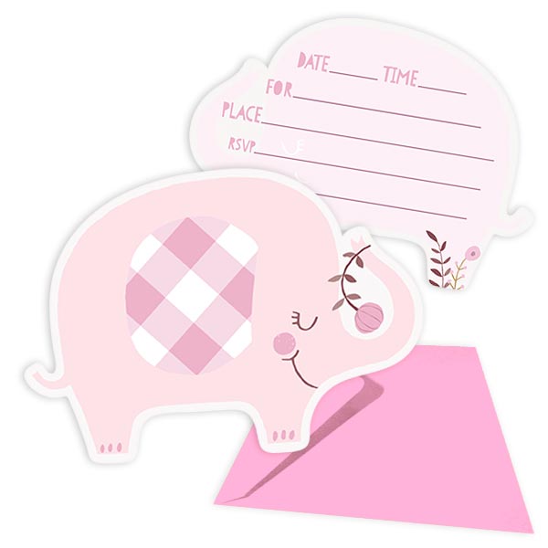 Einladungskarten "Baby Elefant" in rosa, 8er inkl. Umschläge, 14cm x 10cm