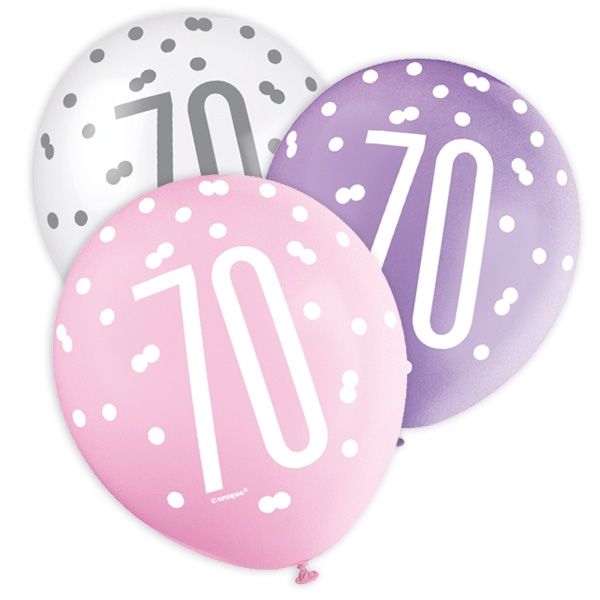 Latexballons mit 70 + Happy Birthday, lila/pink/weiß, 30cm