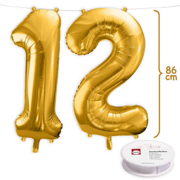 12. Geburtstag, XXL Zahlenballon Set 1 & 2 in gold, 86cm hoch