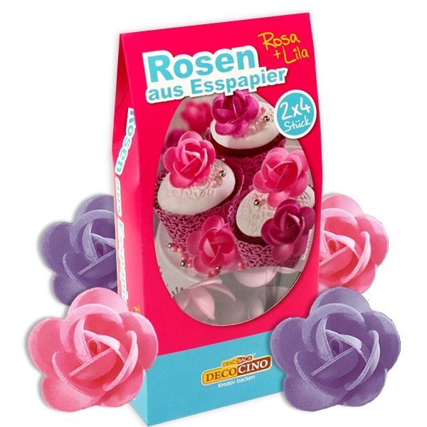 Oblaten Rosen rosa/lila, 8 Rosen-Dekore für Tortendeko aus Esspapier