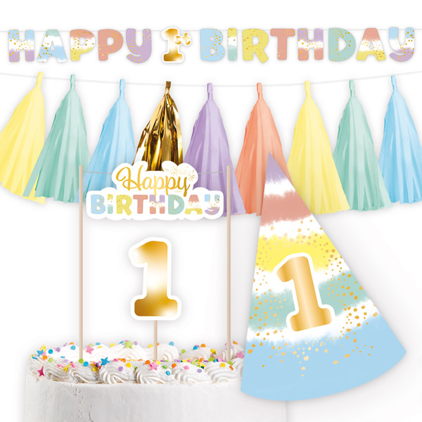 Deko-Set zum 1. Geburtstag mit Buchstabenkette, Girlande, Partyhut und Cake Topper