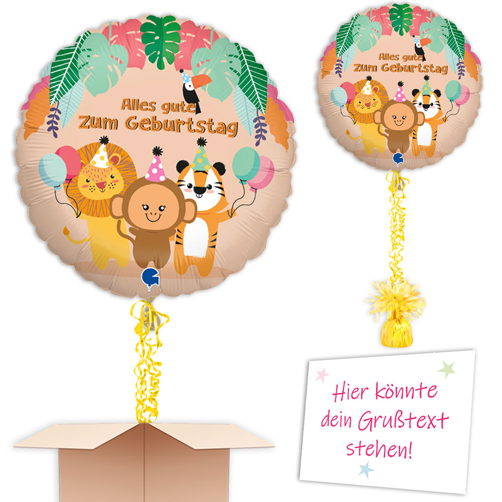 Inkl. Helium, Bänder, Ballongewicht Dschungeltiere, Alles Gute zum Geburtstag