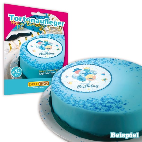Tortenauflage "Happy Birthday" in blau, Oblate, 12cm