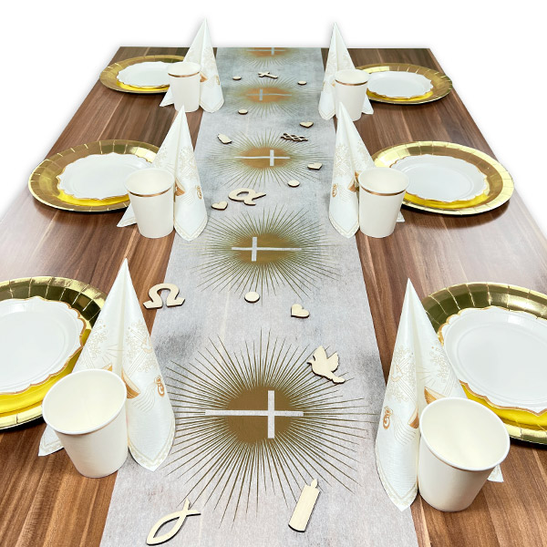 Tischdekoset Goldene Taufe Kreuz & Taube, 12 Gäste, 79-tlg.