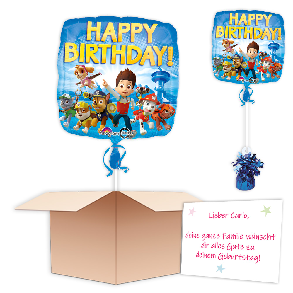 Ballon-Gruß "Happy Birthday Paw Patrol", Folienballon im Karton