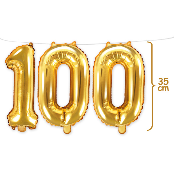 100. Geburtstag, Zahlenballon Set in gold, 35cm hoch