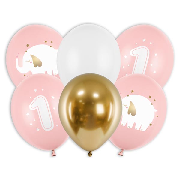 6 Luftballons in rosa, weiß und gold zum 1. Geburtstag, 30cm