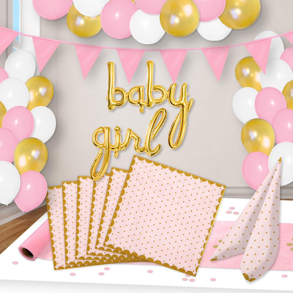 Baby Girl Raum+Tischdeko Spar Set bis 16 Gäste,Rosa-Gold, 54-teilig