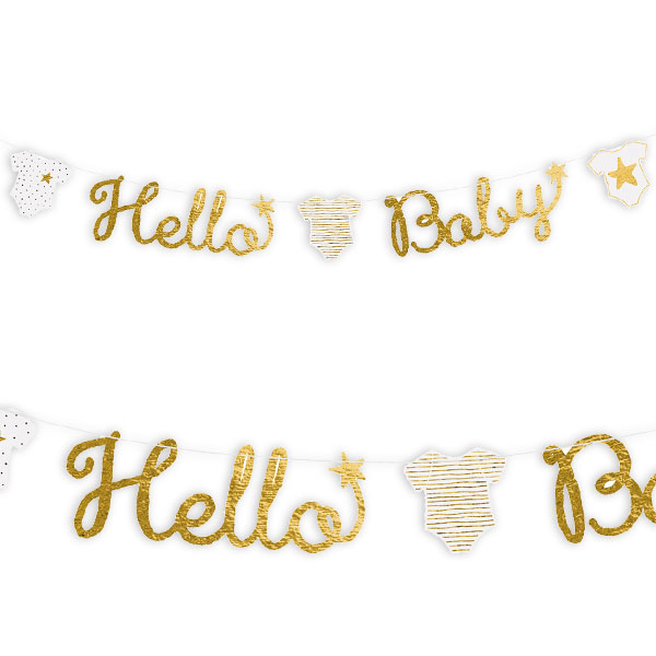 Partykette "Hello Baby" in glänzendem Gold, Pappe, 1,6m