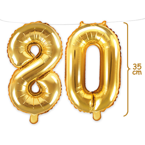 80. Geburtstag, Zahlenballon Set 8 & 0 in gold, 35cm hoch