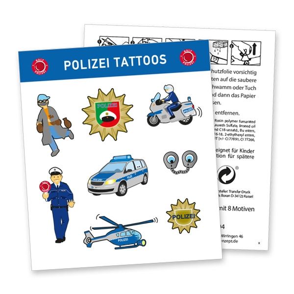 Tattoobogen "Polizei" mit 8 tollen Klebetattoos für Jungen & Mädchen