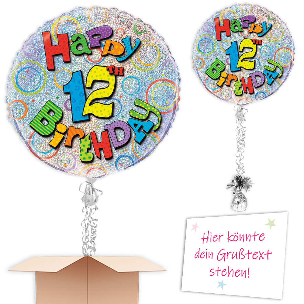 Happy 12th Birthday Geschenkballon, prismatisch glitzernd, Ø 35cm