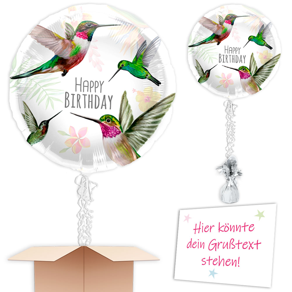 Termin u. Wunschadresse, Kolibris Ballon mit Helium "Happy Birthday"
