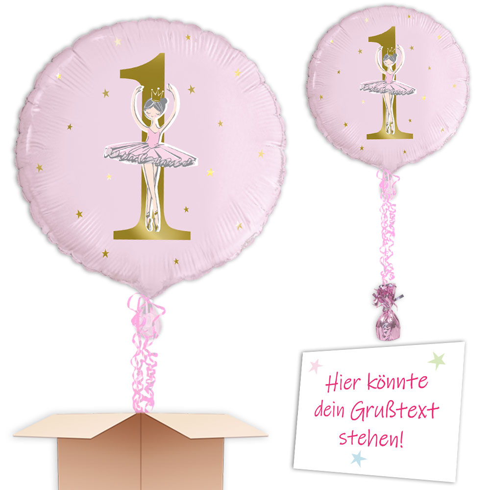 Gefüllter Ballon zum 1.Geburtstag mit Ballerina-Motiv, Bänder, Gewicht