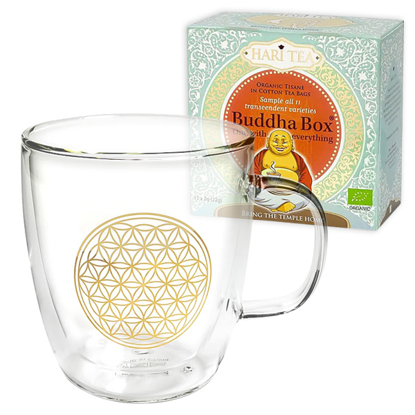 Teeglas Blume des Lebens mit 11 Sorten Hari-Tee