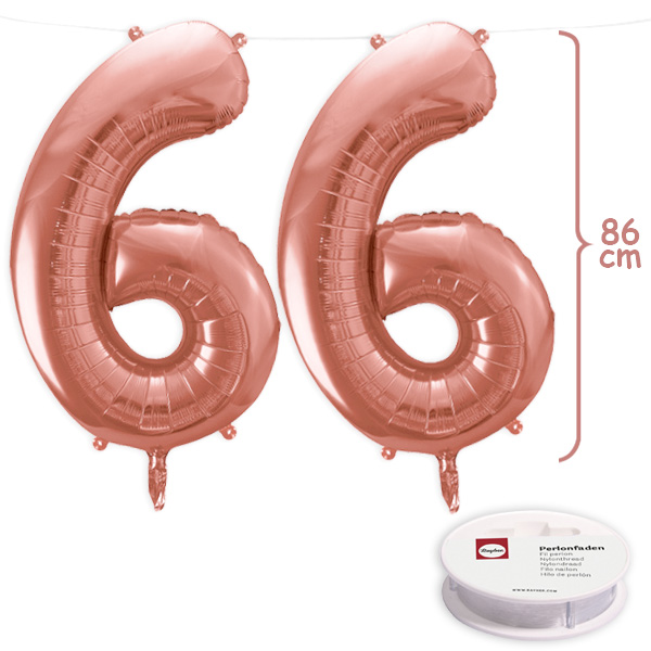 66. Geburtstag, XXL Zahlenballon Set 2x6 in roségold, 86cm hoch
